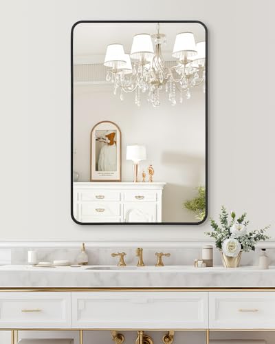 Black Matte Metal Framed Bathroom Mirror for Wall, Bathroom Mirrors for Over Sink, 24x36 Inch Bathroom Vanity Mirror, Rounded Rectangle Tempered Glass Farmhouse Mirror, Horizontally or Vertically