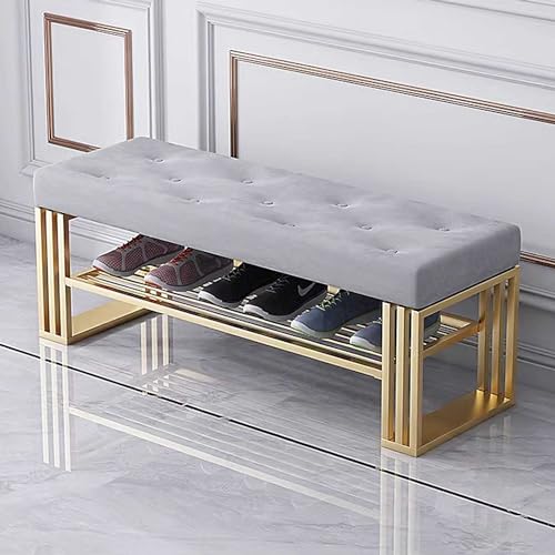 Entrance Bench with Shoe Storage, Gold Metal Shoe Rack with Velvet Seat Cushion, 2 Layers Narrow Hallway Bench Indoor
