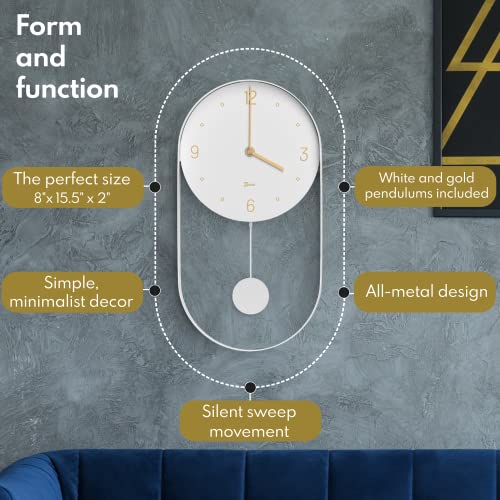 Driini Modern Pendulum Wall Clock - Decorative and Unique Metal Frame, with 8 Inch Face - Contemporary, Minimalist Design, with Silent Battery Operation - includes Both Black and Gold Pendelum