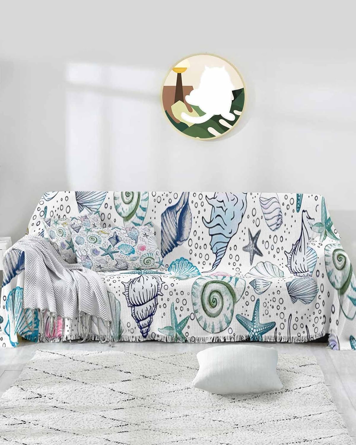 Ocean Sofa Cover Couch Covers for 3 Cushion Couch Throw Couch Cover with Tassel Soft Sofa Slipcover Summer Coastal Green Starfish Conch White Couch Furniture Protector for Dog Pet 71