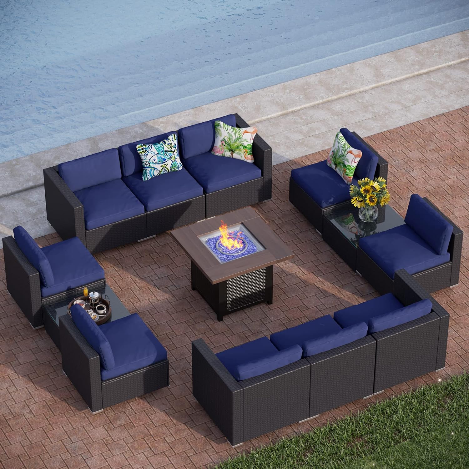PHI VILLA 13 Pieces Patio Furniture Set with Fire Pit Outdoor Wicker Sofa Set Patio Conversation Sets w/Coffee Table, 34 Inch Gas Fire Pit, Wood-like Tabletop, Navy Blue