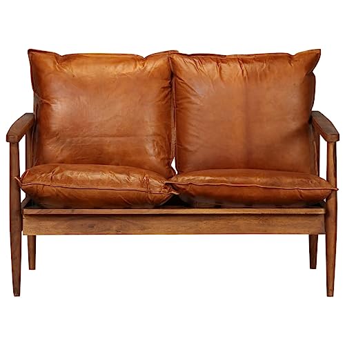 vidaXL 2-Seater Sofa, Luxurious Real Leather Upholtery, Handmade Acacia Wood Frame, Comfortable Thick Foam Padding, Ideal for Chatting, Reading or Relaxing