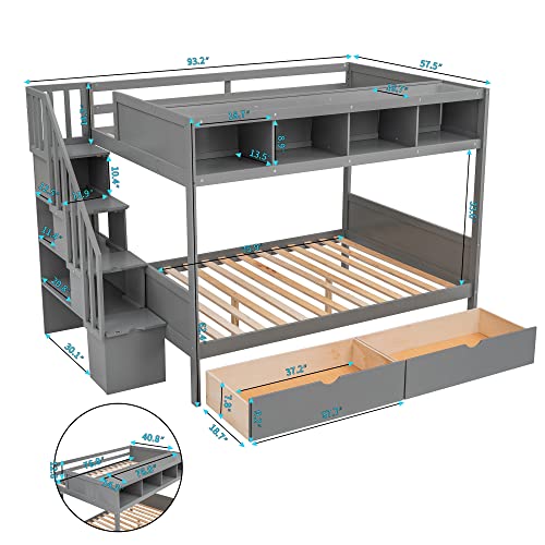 Twin Over Full Bunk Bed with Stairway, Wooden Storage Bunk Bed with Shelves and Drawers, Space-Saving Bed Frame for Dorm or Small Room (Espresso)