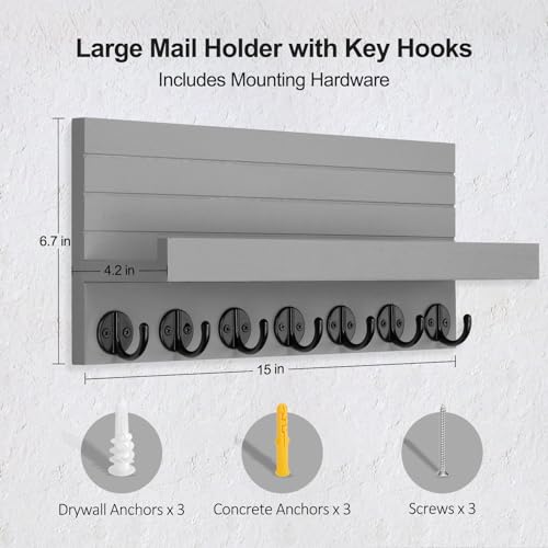 Key Holder Wall Mount, Entryway Key and Mail Holder with 7 Sturdy Hooks for Sunglasses, Dog Leash, Decorative Wall Shelf with Mounting Hardware, 15”W x 6.7”H x 4.2”D (Wood)