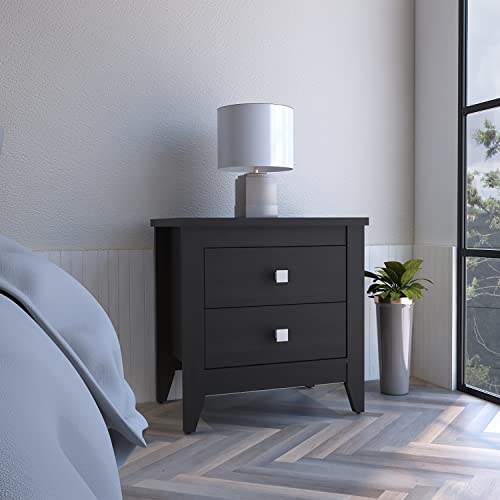 Amara Black Laminated Particle Board Nightstand Side Table with Two Drawers, 4 Wooden Legs, Space-Saving Design - 26.6 x 15.7 x 24.3 Inches