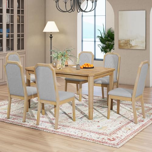 Farmhouse 6-Piece Dining Table Set, Rectangular Storage Table with Storable Bench and 4 Upholstered Dining Chairs, Wooden Kitchen Set with Storage& Drawer, Dining Table Set for 6 (Natural+Beige-S)