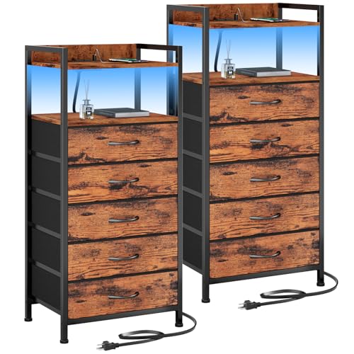 Furnulem 5 Drawer Dresser for Bedroom, Tall Nightstand Set 2 with Led Light and Charging Station, Small Night Stand Bedside Table, Fabric Bins, Metal Frame, Wood Shelf, Side Furniture