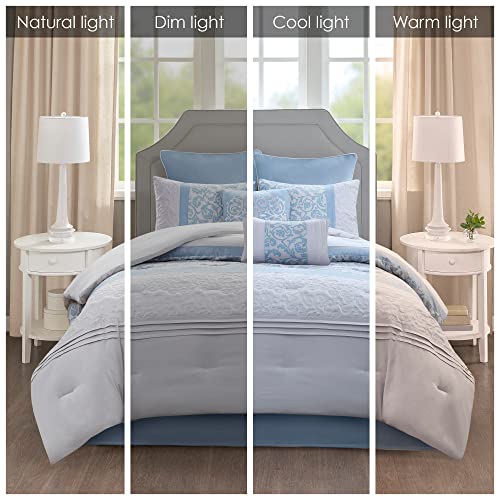 510 DESIGN Luxe Quilted Comforter Set Modern Transitional Design, All Season Down Alternative Warm Bedding Matching Shams, Bedskirt, Decorative Pillow, Queen, Ramsey Damask Grey