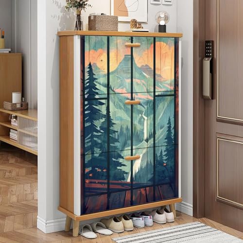 3 Drawer Shoe Cabinet, Artistic Shoe Cabinet, Mountainous Landscape Art Walnut Maple Wood Wood Shoe Rack Organizer for Entryway Slim (31.5”W x 9.45”D 46”H)