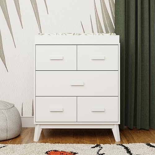 Babyletto Scoot 3-Drawer Changer Dresser with Removable Changing Tray in White and Natural Walnut, Greenguard Gold Certifie