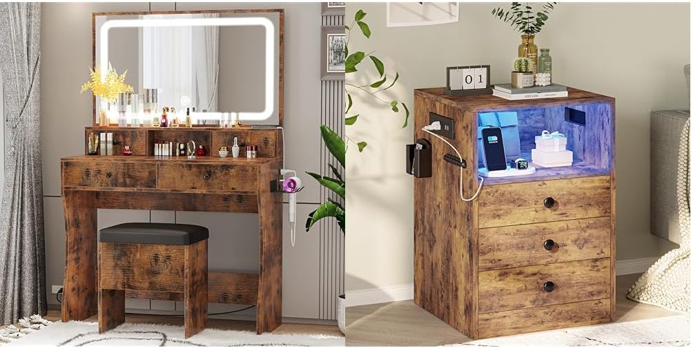 LIKIMIO Vanity Desk with LED Lighted Mirror & Nightstand with Charging Station and 3 Drawers, Vintage Brown