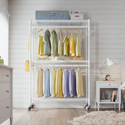 VIPEK V12 Medium Heavy Duty Rolling Garment Rack 3 Tiers Adjustable Clothes Rack with Double Rods & Hooks, Freestanding Wardrobe Closet Storage Rack Metal Clothing Rack for Hanging Clothes, White