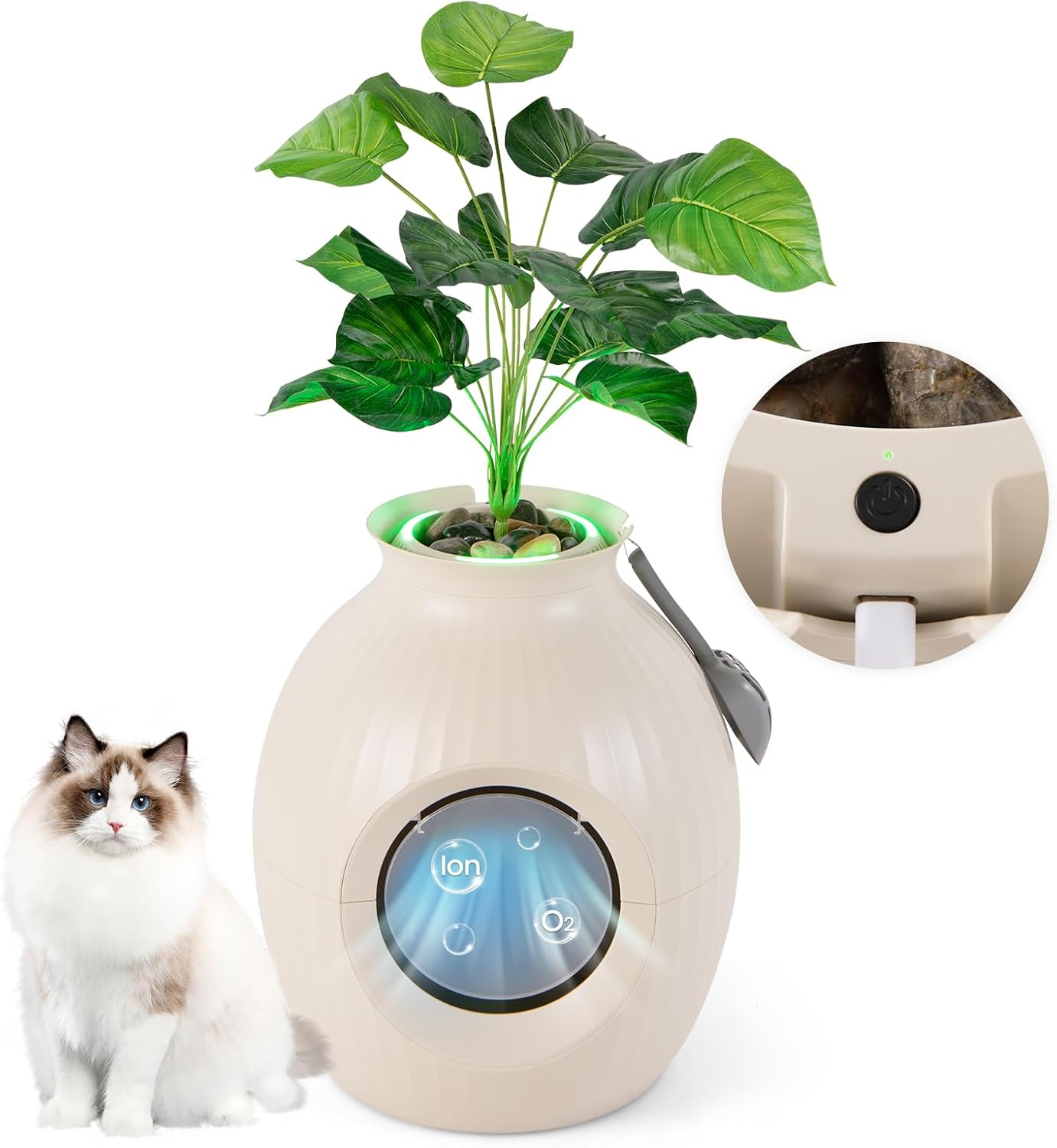 Giantex Cat Litter Box Plant - Hidden Litter Box Furniture with lights, Electronic Odor Removal System, Door, Scoop, Artificial Plant, Cat Litter Box Enclosure Planter Home Decor, Easy to Clean