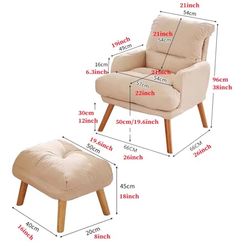 Mid Century Modern Accent Chair With Wood Frame, Upholstered Living Room Chairs With Backrest Angle Adjustment, Reading Armchair Lazy Chair For Bedroom Sunroom ( Color : /Beige A , Size : With ottoman