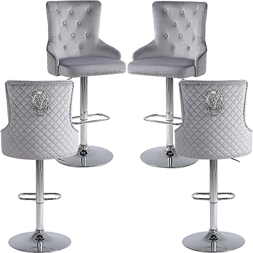 Velvet Bar Stools Set of 2 Modern Counter Height Bar Stools with Lion Pull Ring Tufted Back, Nailhead Upholstered Barstools for Home Kitchen Island, Swivel Adjustable Stool Chair in Black