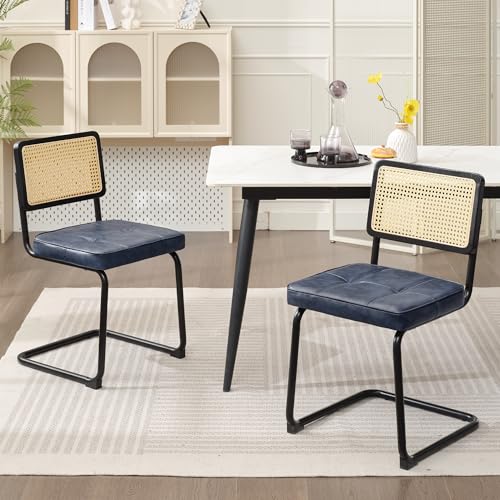 Rattan Dining Chairs Set of 2, Mid Century Modern PU Leather Dining Room Kitchen Chairs with Cane Back, Metal Chrome Legs, Upholstered Wicker Armless Accent Chairs, Black