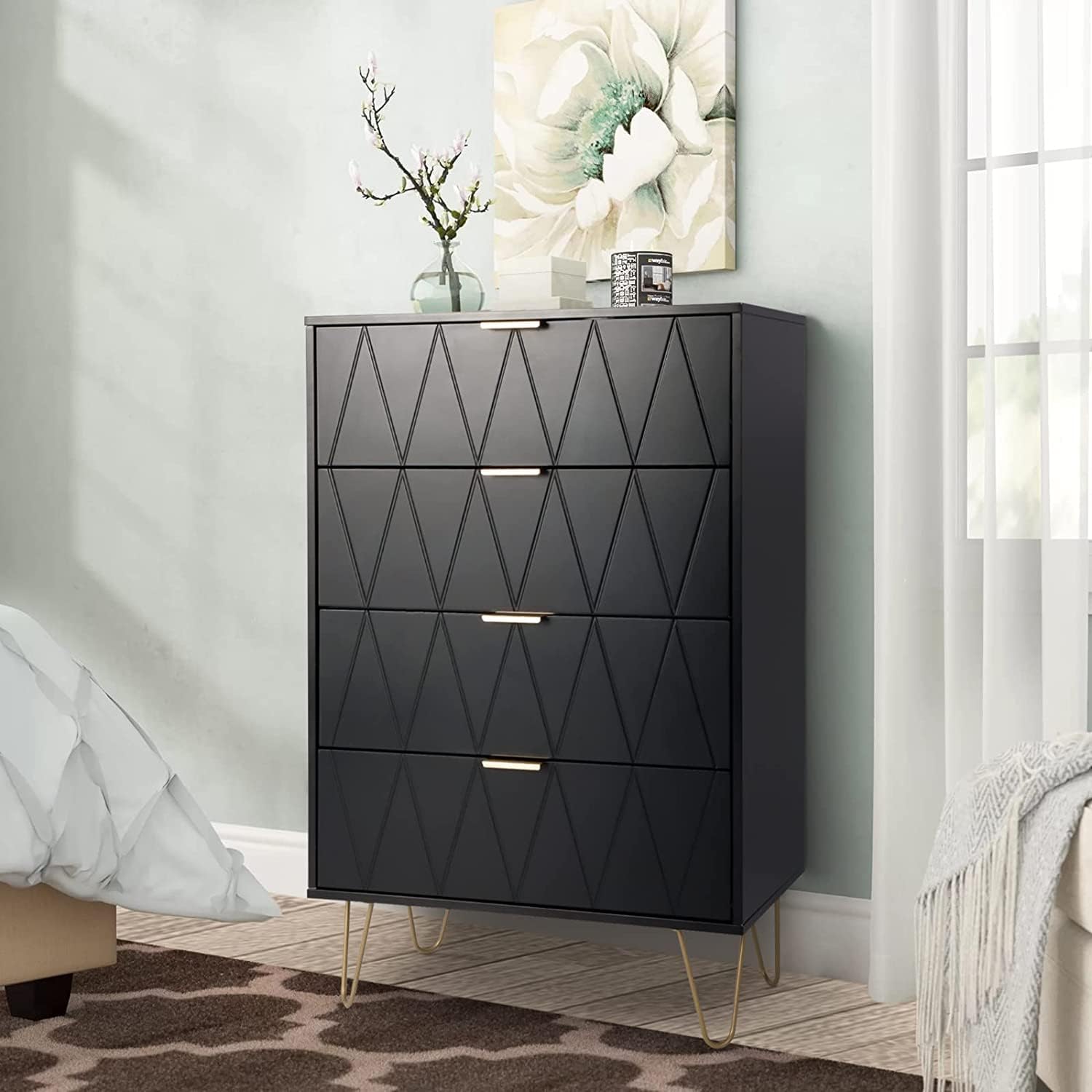 New 4 Drawer Chest, Wood Storage Dresser Cabinet, Modern Accent Large Storage Organization for Home & Office, Sturdy Frame with 4 Metal Legs, Black…