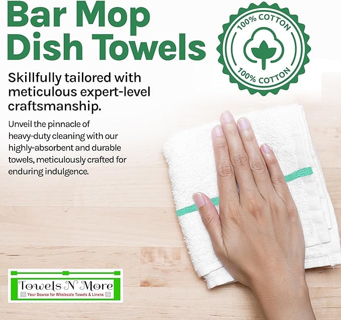 60 Commercial Grade All Purpose 16x19 Bulk Bar Mop Towels 31oz for Home Kitchen, Bar, Restaurant (Green Stripe)