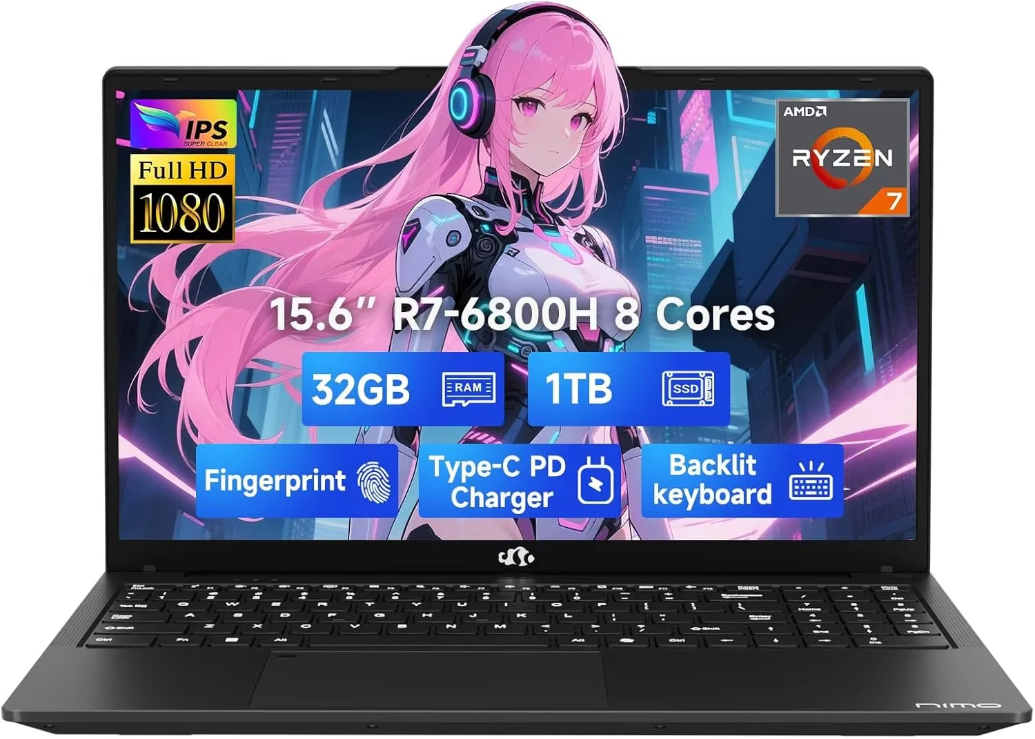 15.6" IPS FHD-Gaming-Laptop, 8 Cores AMD Ryzen 7 6800H 32GB DDR5 RAM 1TB SSD (Beat i7-12700H, Up to 4.7GHz) AMD Radeon 680M GPU-Computer with 100W GaN Type-C Backlit Keyboard Fingerprint(black）