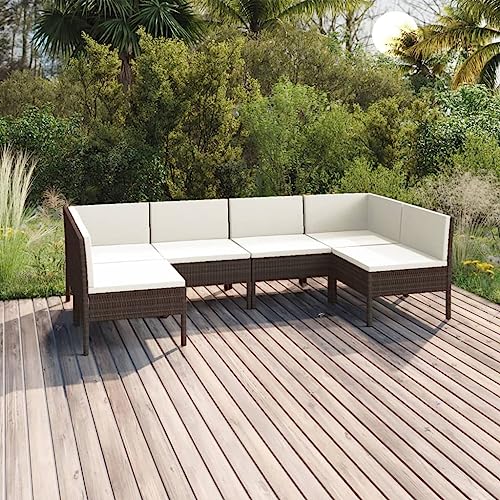 6 Piece Patio Lounge Set with Cushions Poly Rattan Brown,WeatherResistant Outdoor Lounge Set with Thick Cushions for Patio and Garden Patio Furniture, Outdoor Furniture Sets