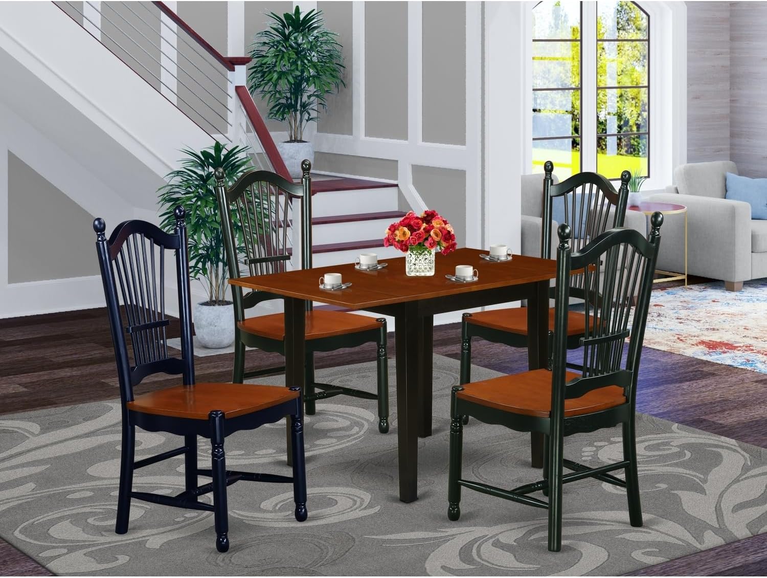 Asian Fusion Dinette Set 5 Pcs- 4 Fabulous Wood Chairs and an Elegant Wooden Dining Table - Cherry Finish Wooden Chair Seat - Black Finish Wooden Structure.