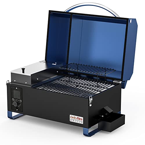 Onlyfire BBQ Wood Pellet Grill Smoker with Digital Control, LED Screen, Meat Probe & 2 Tiers Cooking Area, Portable Tabletop Grilling Stove for BBQ, Smoke, Bake and Roast, RV Camping, Blue