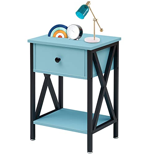 VECELO Nightstand, Modern Bedside End Table, Night Stand with Drawer and Storage Shelf for Living Room Bedroom, Industrial Metal Frame, 1 Pack, Dark Gray