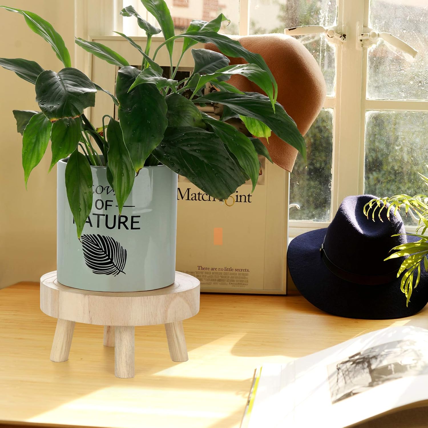 Mini Round Wooden Stool, Wooden Plant Stand Mid Century Wood Flower Pot Holder for Outdoor Indoor Home Office Decorations, Warm Brown, M