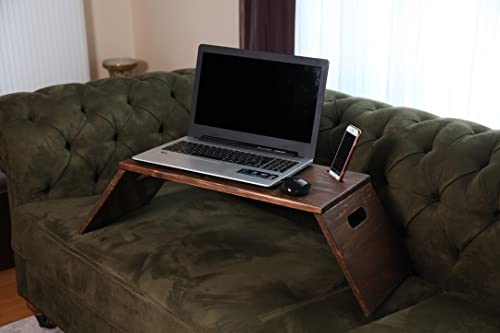 Laptop Stand for Bed with Phone Holder, Lap Desk for Couch Foldable Legs, Wooden Bed Desk for Notebook with Ventilation Air Holes (Walnut)