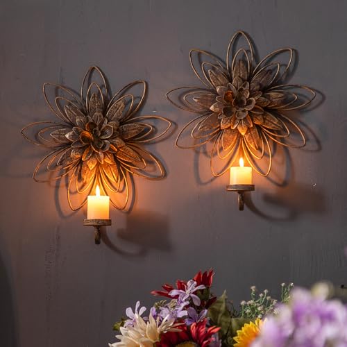 SOFE Antique Candle Sconces Wall Decor Set of 2, Metal Flowers Wall Candle Holder, Farmhouse Candle Holder for Wall, Shabby Chic Decor for Living Room, Dining Room, Fireplace