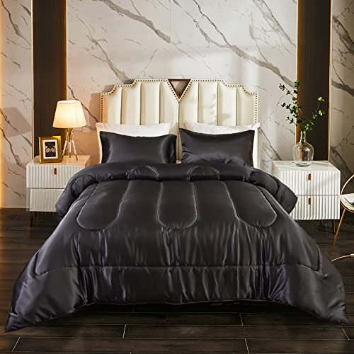 Bedding_Dreamer Silk Like Black Comforter Satin Comforter Set Queen Silky Microfiber Filling Down Alternative Comforter Luxury Silky Bed Comforter 1 Comforter 2 Pillowcases (Queen, Black)