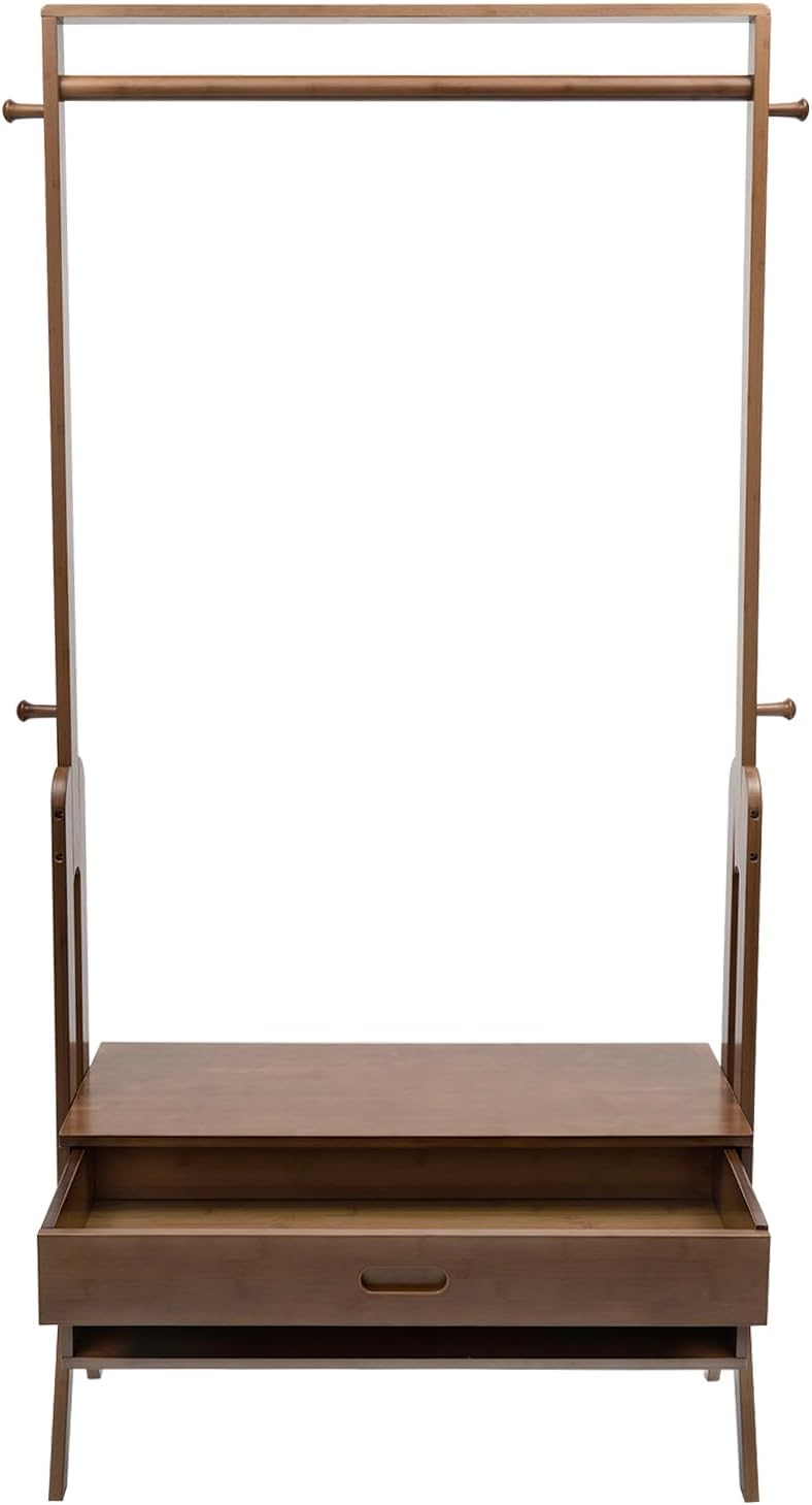Bamboo Garment Rack with Platform and Drawer Freestanding Closet Organizers with 4 Hooks and Bottom Storage Shelves Clothes Hanging Rack for Bedroom Hallway Living Room Entryway