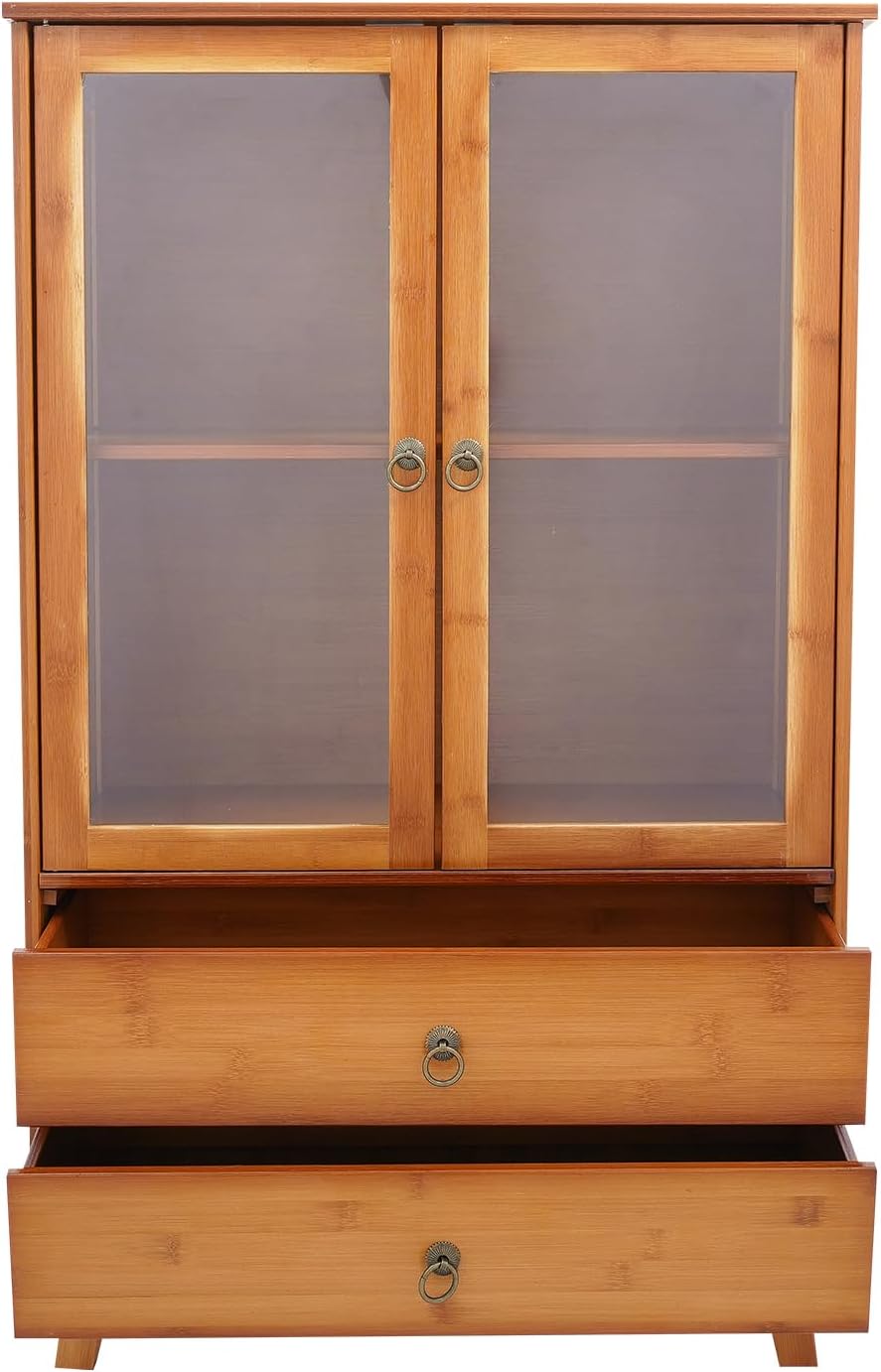 Natural Kitchen Sideboard, Bamboo Cupboard with Acrylic Door and 2 Drawer, Freestanding Storage Organizer for Kitchen, Living Room, Coffee Bar, Bohemian Style