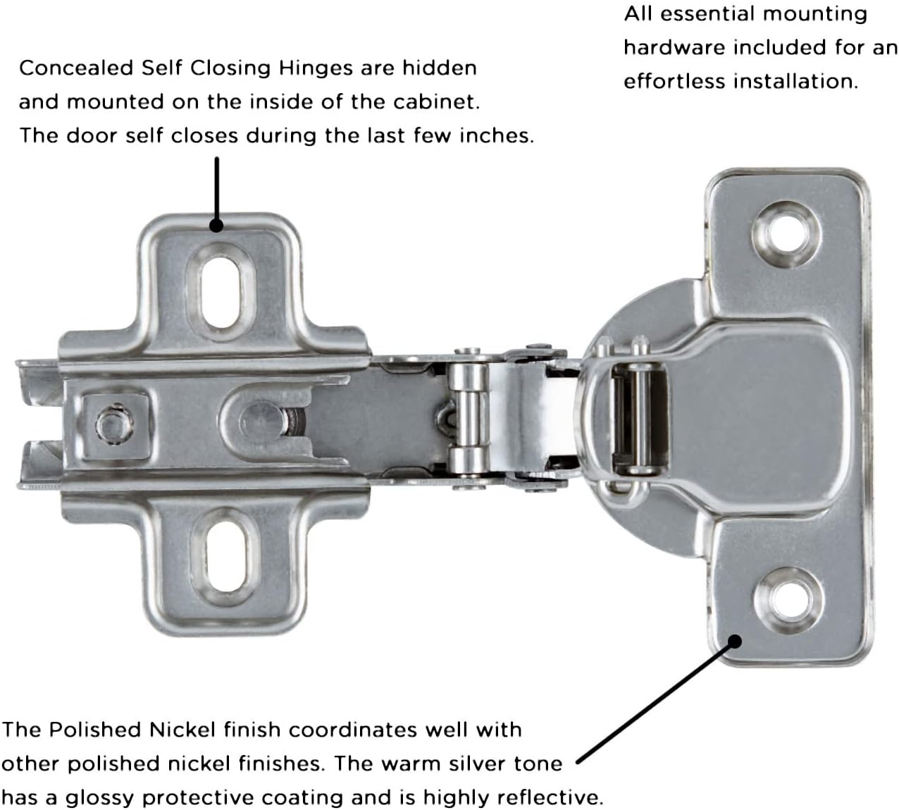 Hickory Hardware P5107-14-10B Euro Cabinet Concealed Hinge - Full Overlay Frameless Design with 105° Opening - Self Closing Feature - Easy Installation hinge - Polished Nickel Finish 10 Sets of Pairs