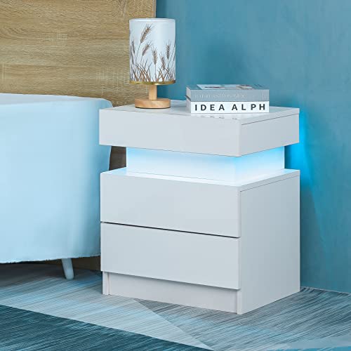 LED Nightstand with 2 Drawers, Bedside Table with Drawers for Bedroom Furniture, Side Bed Table End Table with LED Light for Bedroom Living Room (White)