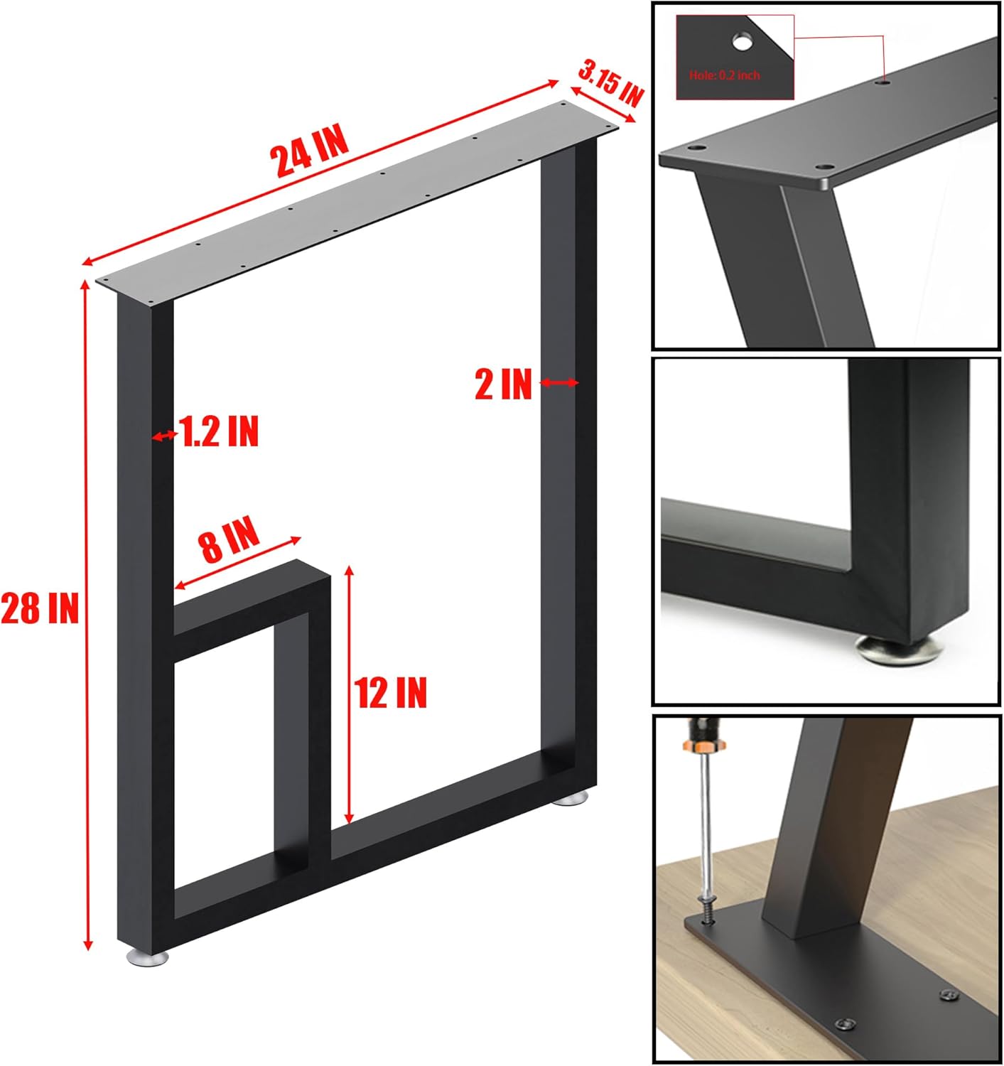 Industrial Metal Table Legs 28 Inch Hx24 Inch W Set of 2,Modern Heavy Duty Tall Black Metal Iron Desk Legs,Bench Furniture Legs for Coffee Table Dining Legs with 4 Adjustable Feet,Square 2 Tier