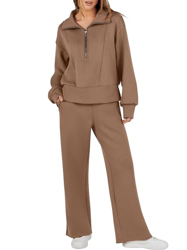 ANRABESS Womens Two Piece Outfits 2024 Fall Sweatsuit Set Half Zip Cropped Sweatshirt Wide Leg Sweatpant Lounge Set