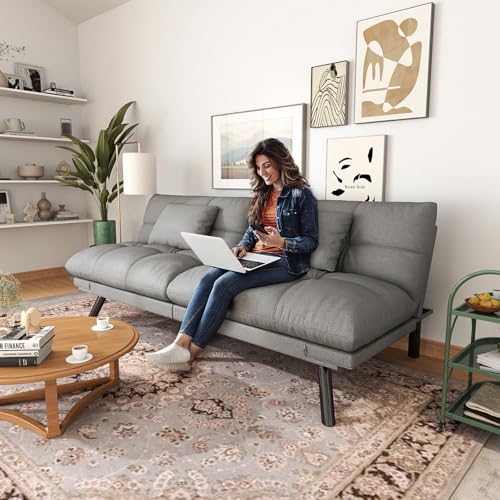 Modern Futon Sofa Bed with 7-Position Convertible Design, Water-Resistant Leathaire Leather, and 2 Cushions for Living Room Sofa Bed(Cream Blue)