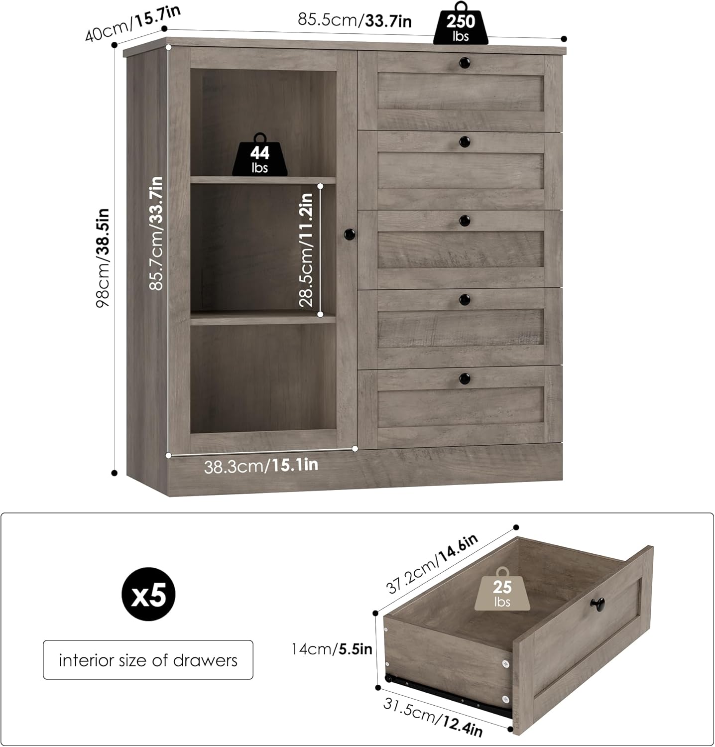 HOSTACK 5 Drawer Dresser with Door, Storage Cabinet with Drawers and Shelves, Wide Wood Dresser, Modern Chest of Drawers Organizers for Living Room, Kitchen, Hallway (Ash Grey, 2 PCS)