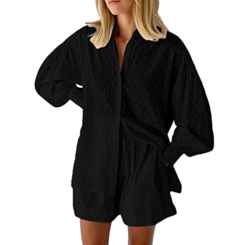 Fixmatti 2 Piece Outfits Long Sleeve Button Down Shirt and Shorts Sweatsuit Lounge Sets