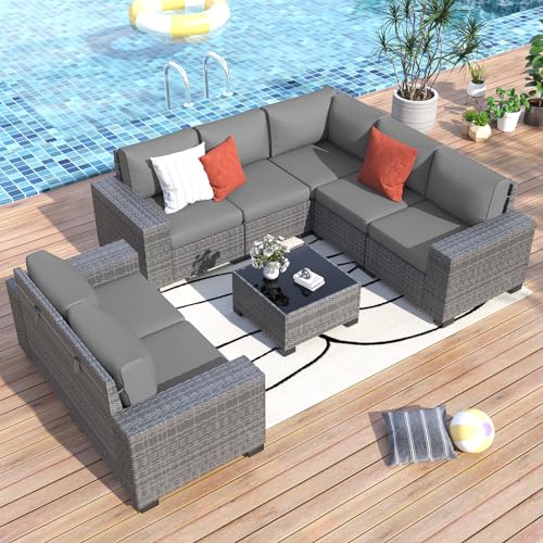 UDPATIO Outdoor Patio Furniture Set, Wide Outdoor Sectional Rattan Sofa Set, Wicker Patio Conversation Set w/Cover for Deck, Poolside, Porch, 6 PC (Brown & Grey)