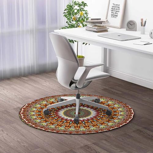 Round Rug 5 FT Stained Glass Rolling Chair Mat Green Blue Under Desk Low-Pile Rug Anti-Slip Desk Mat Floor Mat for Office Chair
