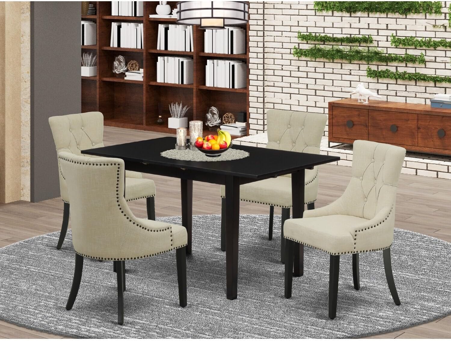 Mid-Century Marvel 5-Pc Wood Dining Table Set 4 Wooden Padded Chairs with Button Tufted Nail Head Back & Upholstered Seat & Butterfly Leaf Rectangle Table & 4 Legs - Black