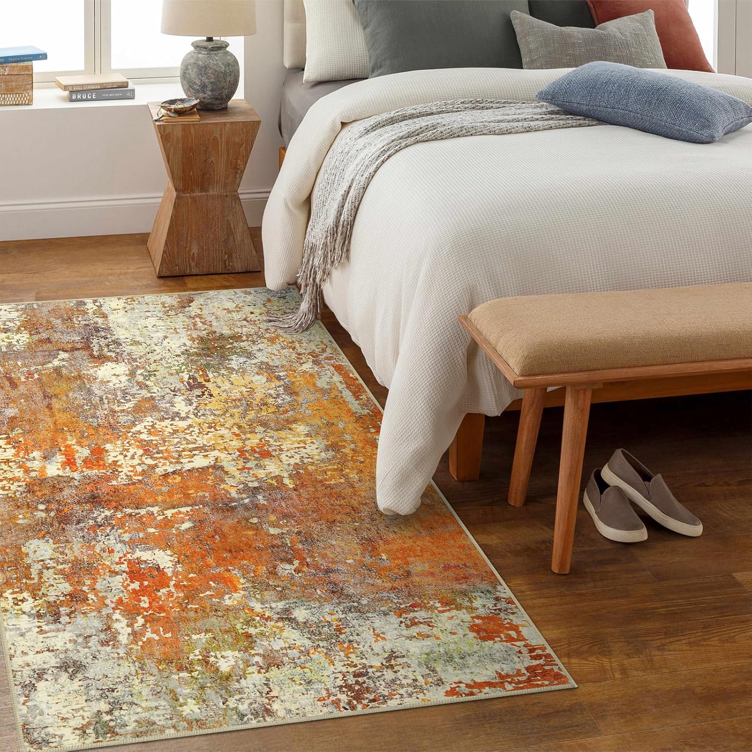 Lahome Modern Abstract Area Rug - 3x5 Soft Rugs for Bedroom Washable Living Room Entryway Rug, Contemporary Non Slip Indoor Accent Carpet for Nursery Office Kitchen Bathroom, Yellow/Gold/Cream