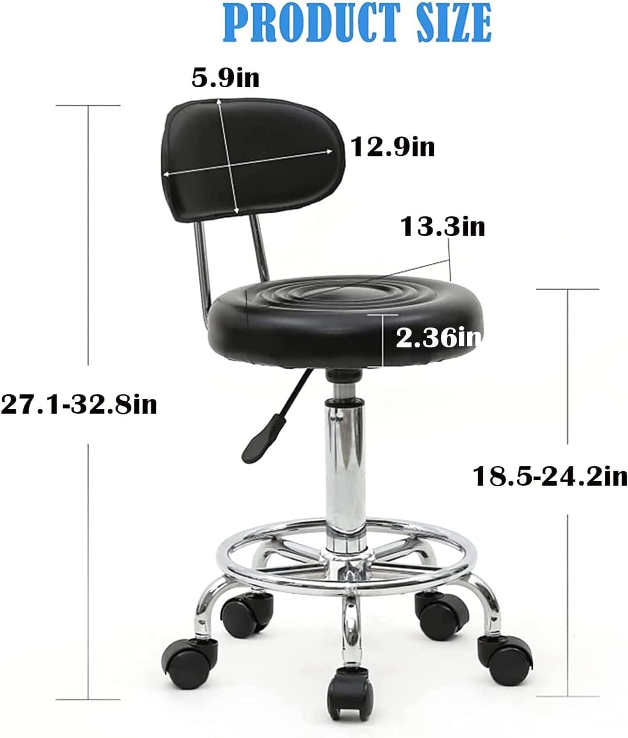 Height Adjustable Rolling Swivel Stool with Extra Thick Seat for Salon, Studio, Tattoo Shop, Barber,dental,heavy Duty Medical Stool with Wheels Round Rolling Stool with Back and Line Black Pu Leather