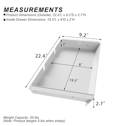 Large Under Desk Mounted Sliding Drawer with 2 Cable Hole and 60 Degree Tilt Panel to Pull Out, 22.4'' Long & 9.2'' deep Large Storage Organizer for Sit Stand Workstation