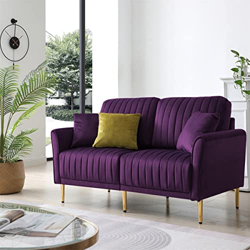 Modern 2 Seat Velvet Sofa with Reversible Cushions, Upholstered Sofa Couch with Gold Metal Legs, Loveseat Round Arm Sofa Chair Convertible Futon Sofa Furniture for Living Room Office, Purple