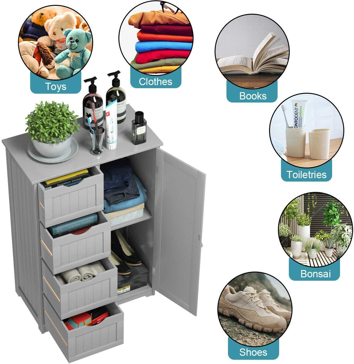 Elegant Design Multifunction Freestanding Bathroom Floor Cupboard Cabinet Storage Organize with 4 Drawer Adjustable Sturdy Durable for Toilet, Living Room, Bedroom, Corridor, Office Grey