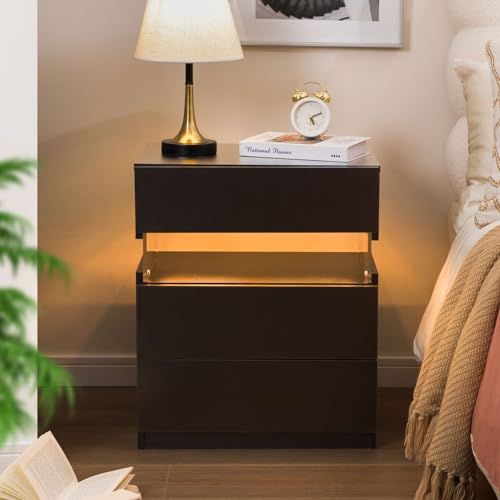 LED Night Stand White Nightstand for Bedroom Bedside Table with 3 Drawers Modern Side Tables Bedroom
