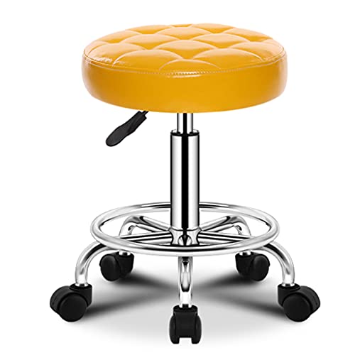 Round Rolling Stool Beauty Stools Chair Adjustable Height Chrome Steel Bar Stool Round Cushion, Salon Rolling Stool Swivel Chair On 5 Wheels, PU Leather Counter Stools Shop Work Stool with